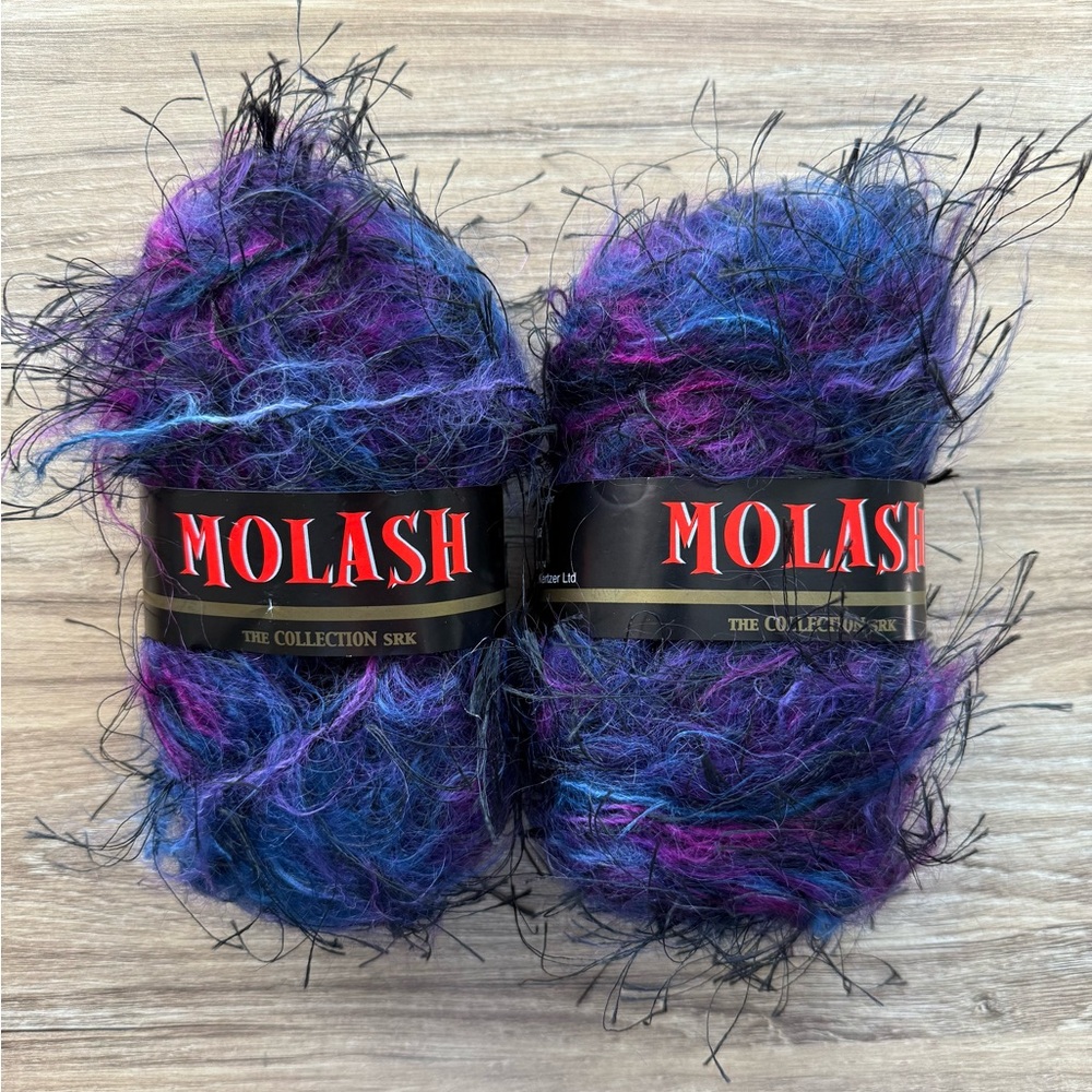 MOLASH 2 Wool Mohair Skeins Eyelash Yarn Purple Blue Made in England SR Kertzer